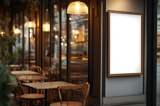 Logo poster promotion design mockup. Blank empty clear glass doors for advertising banner frame template mock up displayed at the front of cafe bar restaurant or coffee shop