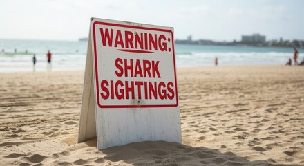 Warning Sign on Sandy Beach Alerts of Potential Shark Sightings