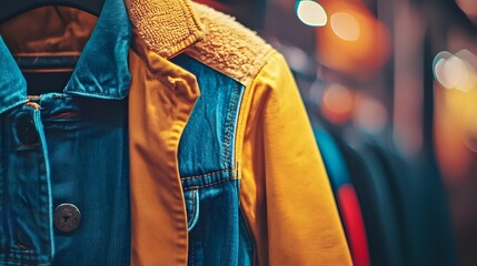 Naklejka premium Inspirational quote about fashion layering displayed with a stylish jacket hanging on a rack in a chic setting