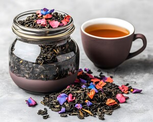 Vibrant Flower Tea Leaves in Jar and Cup