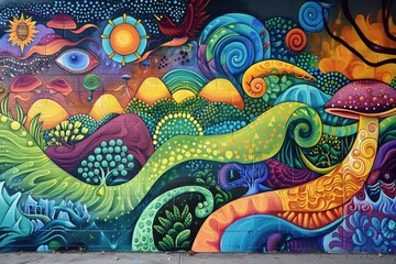 Colorful abstract mural showcasing vibrant patterns and designs in an urban setting during daylight hours