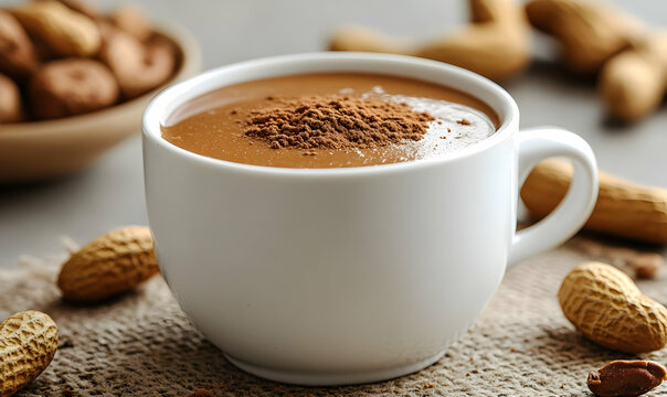 Creamy peanut cocoa drink, burlap, peanuts. Food blog, recipe