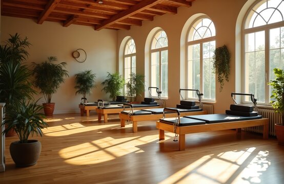 Sunlit pilates studio. Bright interior with reformer machines, indoor plants. Wooden floor, large windows. Exercise equipment, wellness, training room. Calm, peaceful atmosphere for health. Natural
