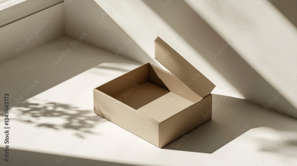 Poster Empty light brown cardboard box slightly opened on a white surface with shadows from sunlight and leaves.