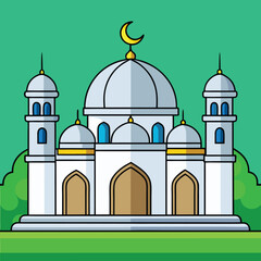 Illustration of a mosque with a golden crescent moon on top, green background