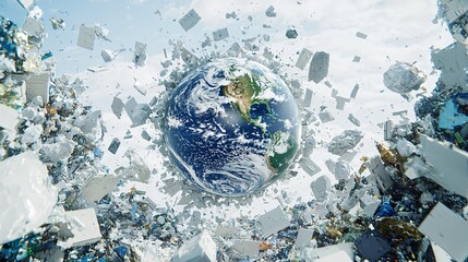 Earth Exploding, Plastic Debris, Sky Background