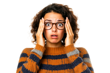 Shocked Woman Holding Head, Isolated Fear Expression, cut out transparent