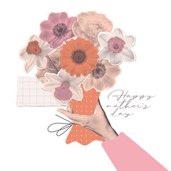Retro halftone hand holding a bouquet of various flowers. White wildflowers on transparent background. Girl giving flowers. Mother's day card. Paper cutout elements. Trendy newspaper collage.
