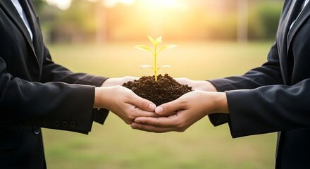 Environmental cooperation. Unity of business people and community together protecting small sprouts with hand. future environmental conservation and sustainable esg modernization.