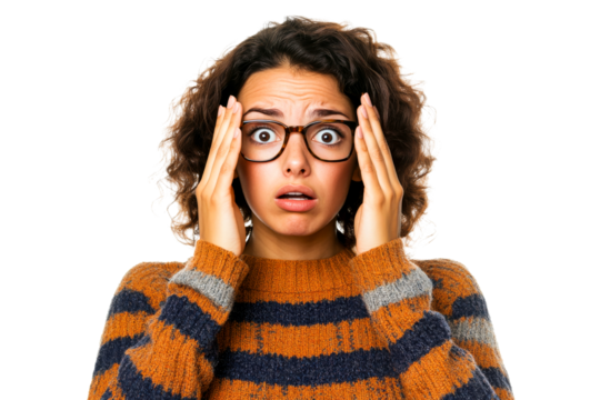 Shocked Woman Holding Head, Isolated Fear Expression, cut out transparent