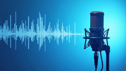 Microphone with waveform on blue background, broadcasting or podcasting banner