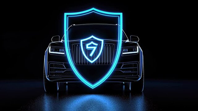 Modern Luxury Vehicle with Neon Shield Design for Automotive Advertising and Protection Concepts in Futuristic Digital Style