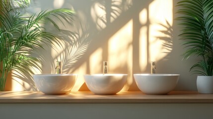 Sunlit minimalist bathroom with three sinks and tropical plants
