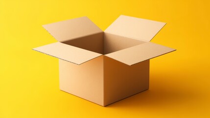 Empty open square cardboard box on yellow background.