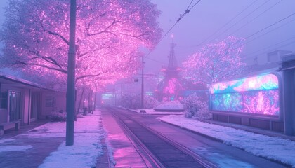 Snowy street scene with pink-lit trees and neon signs, misty atmosphere