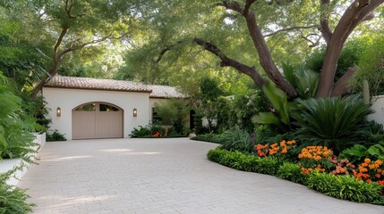A house with a white garage door and a white building. The house is surrounded by a lush green garden with orange flowers