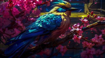 Fototapeta premium A Bluebird Perched Among Colorful Blossoms in a Serene Garden