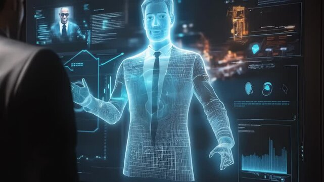 An inviting workspace where a marketing spet interacts with a lifesized holographic spokesperson utilizing gestures to toggle between different marketing scenarios and outcomes revealing