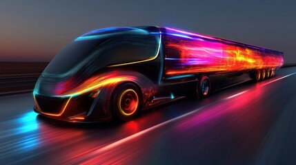 Obraz premium Futuristic semi-truck speeding on highway at night, vibrant light trails