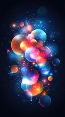 Colorful luminous bubbles and star particles against a dark background