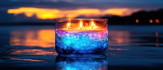 Three-wick candle in glass container, surrounded by blue and purple crystals, sits on lakeside at sunset