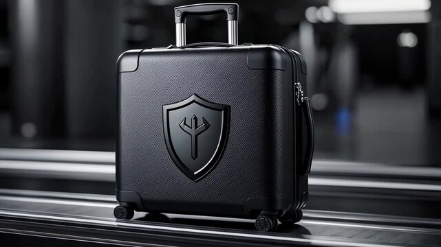 Sleek and Stylish Black Hard-shell Suitcase Displayed on a Conveyor Belt in a Modern Airport Setting with High-tech Features and Design Elements