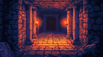 Pixel art dungeon corridor with torches and stone columns