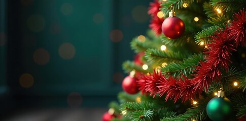 Obraz premium Colorful Christmas tree branches with festive red and green garlands, decorated trees, festive atmosphere, festive colors