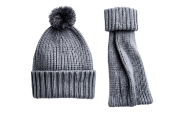Knitted grey hat with pompom and scarf winter set apparel , cut out transparent