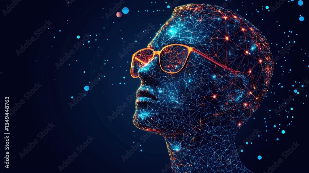 Poster conceptual image of a person's head with a complex network of dots and lines representing advanced i