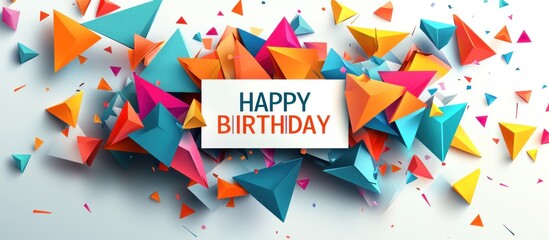 Obraz premium Colorful abstract geometric triangles surrounding a white birthday greeting