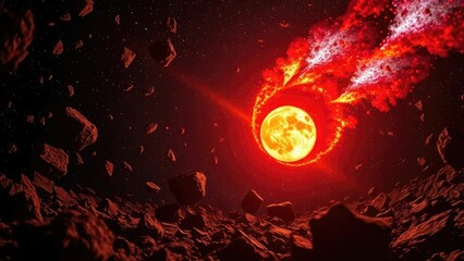 Comet's fiery core glowing amidst asteroid debris, radiation, asteroid, debris