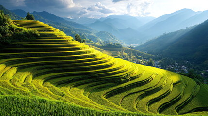 Fototapeta premium Terraced rice field in harvest season