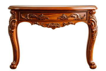 Ornate wooden console table with carvings and curved legs, cut out transparent