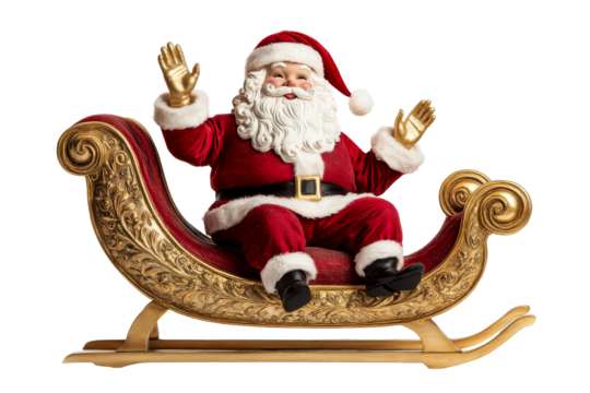 Cheerful Santa Claus waving in ornate sleigh, cut out transparent