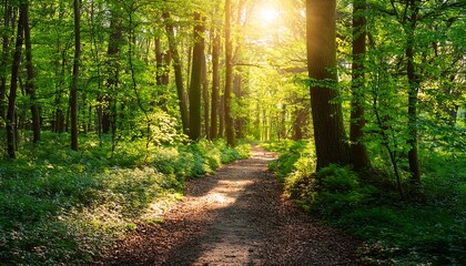 Fototapeta premium A forest path covered in sunlight and fresh greenery.
