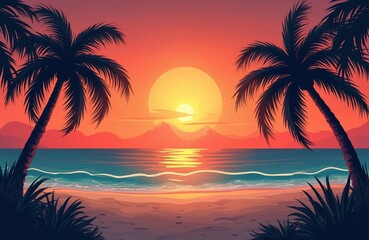 Obraz premium Sunset beach illustration with palm trees, calm sea, mountains. Tropical paradise background art. Summer vacation travel holiday design. Illustration for poster, banner, greeting card. Miami, hawaii,
