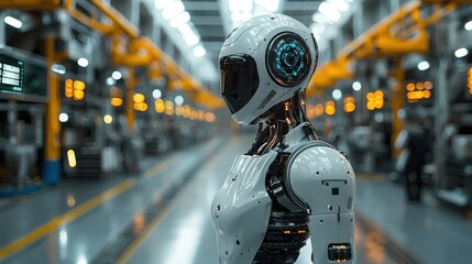 Robot standing in an industrial factory environment representing predictive maintenance in banking operations