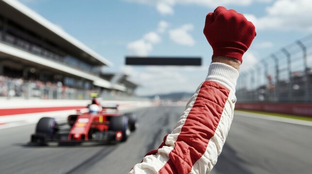 A victorious driver celebrates after crossing the finish line in an exciting race.