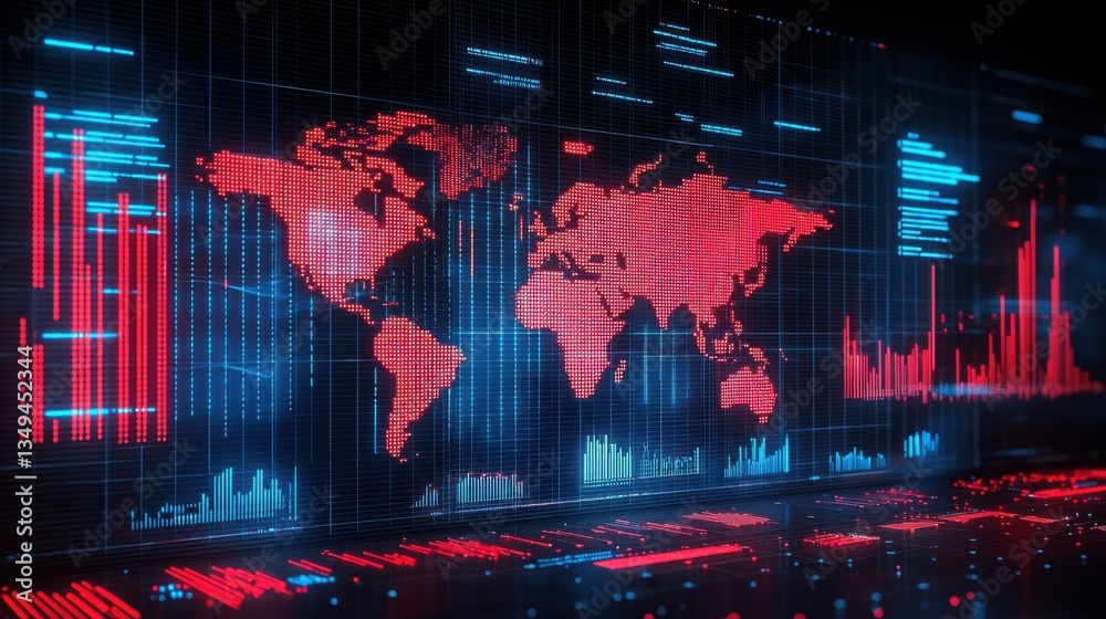 Poster a high-tech digital screen displaying a world map with data visualization representing global econom