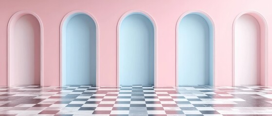 Fototapeta premium Five arched openings stand inside a pink and checkered room