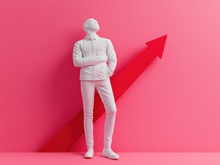A white mannequin standing against a pink wall with an upward arrow symbolizing growth.