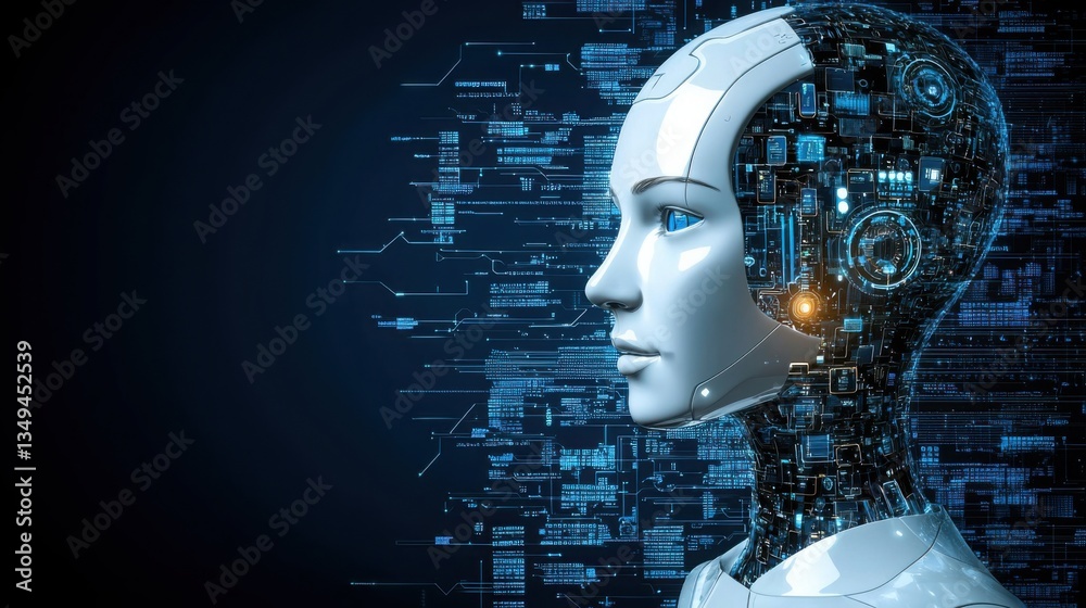 Poster robot head with intricate circuitry in the background representing cutting-edge technology for finan