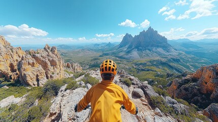 Mountain biker atop a rocky peak, overlooking a vast, scenic landscape