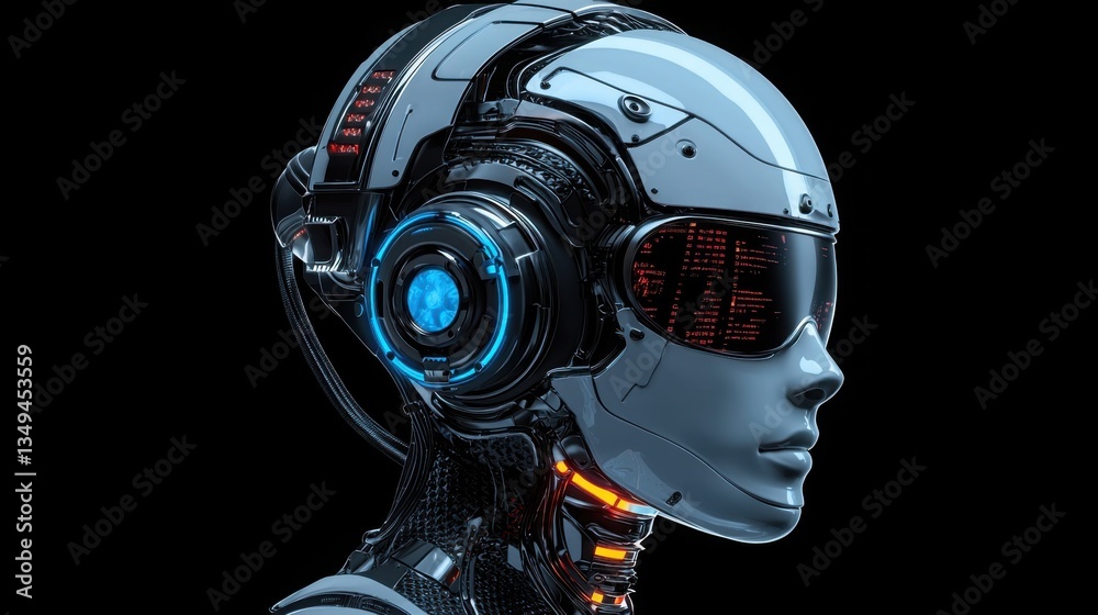 Poster futuristic robot head with illuminated blue light representing advanced ai-powered skill development