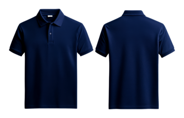 Fashionable unisex dark blue polo t-shirt, front and back views, cut out transparent