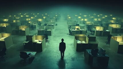 Lone figure in vast, dimly lit office space
