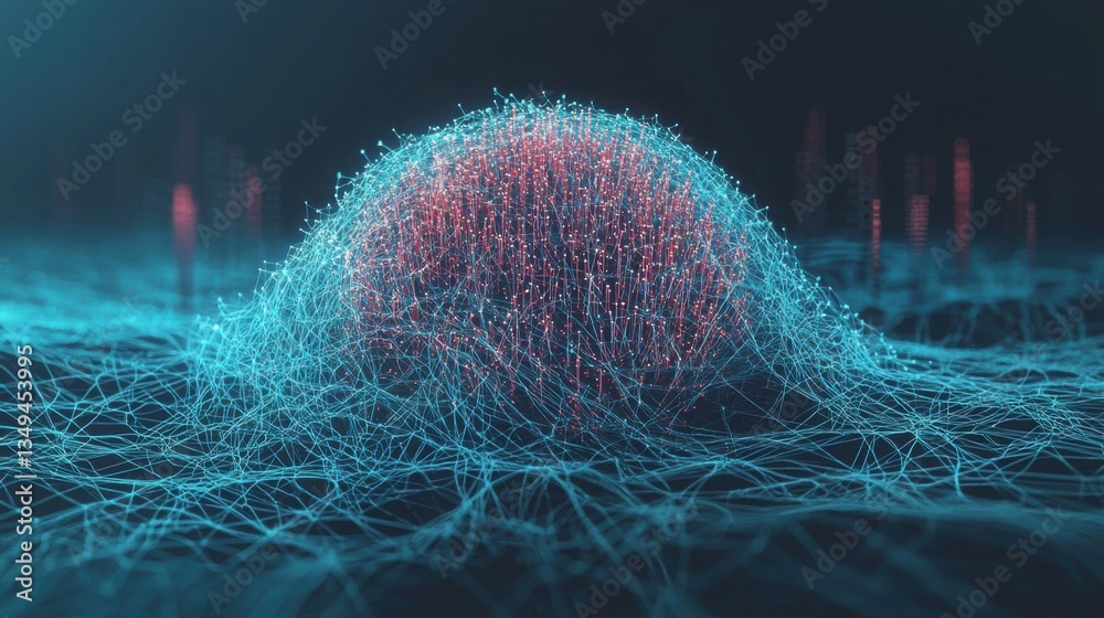 Poster intricate sphere with a network of red and blue lines representing automated invoice and billing sol
