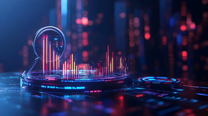 Data analysis magnifying glass futuristic city