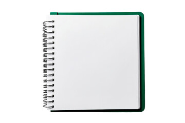 Open green notebook, spiral bound, blank pages detail, cut out transparent